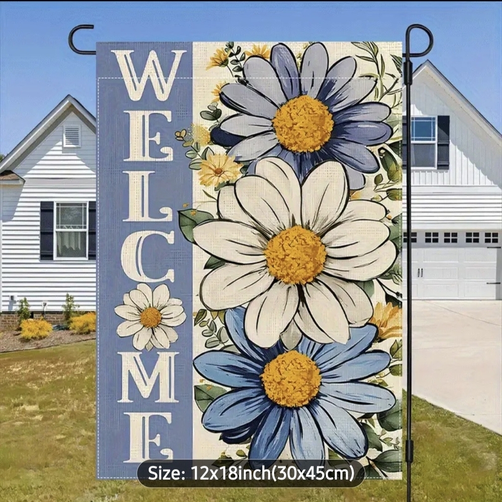 Charming Floral Welcome Flag - Blue, Yellow, and White
